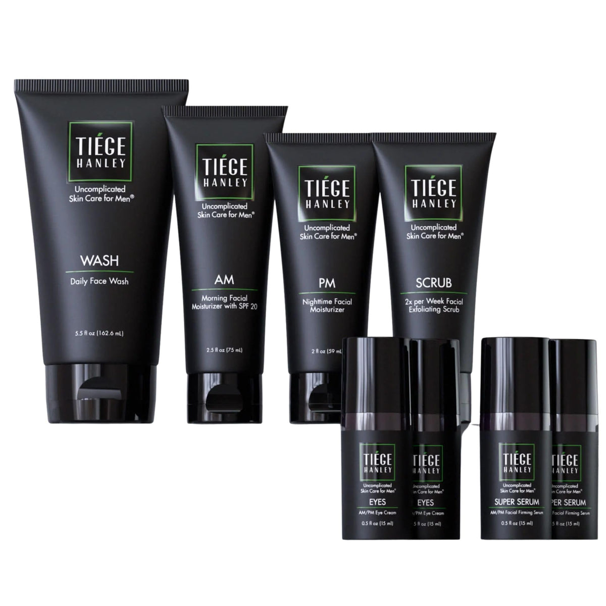 Tiege Hanley Anti-Aging Men's Skin Care Set front view with all products