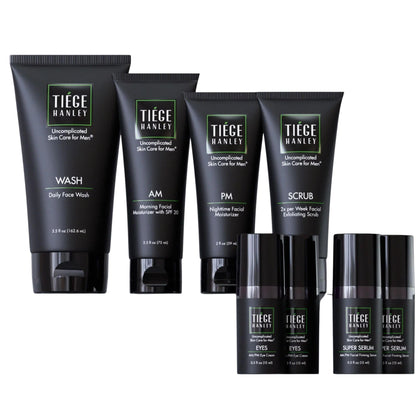 Tiege Hanley Anti-Aging Men's Skin Care Set front view with all products