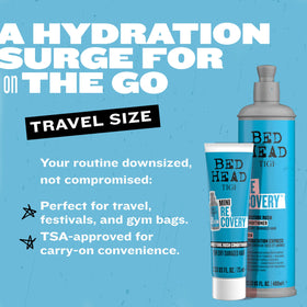TIGI Recovery Conditioner Travel Mini beside travel essentials