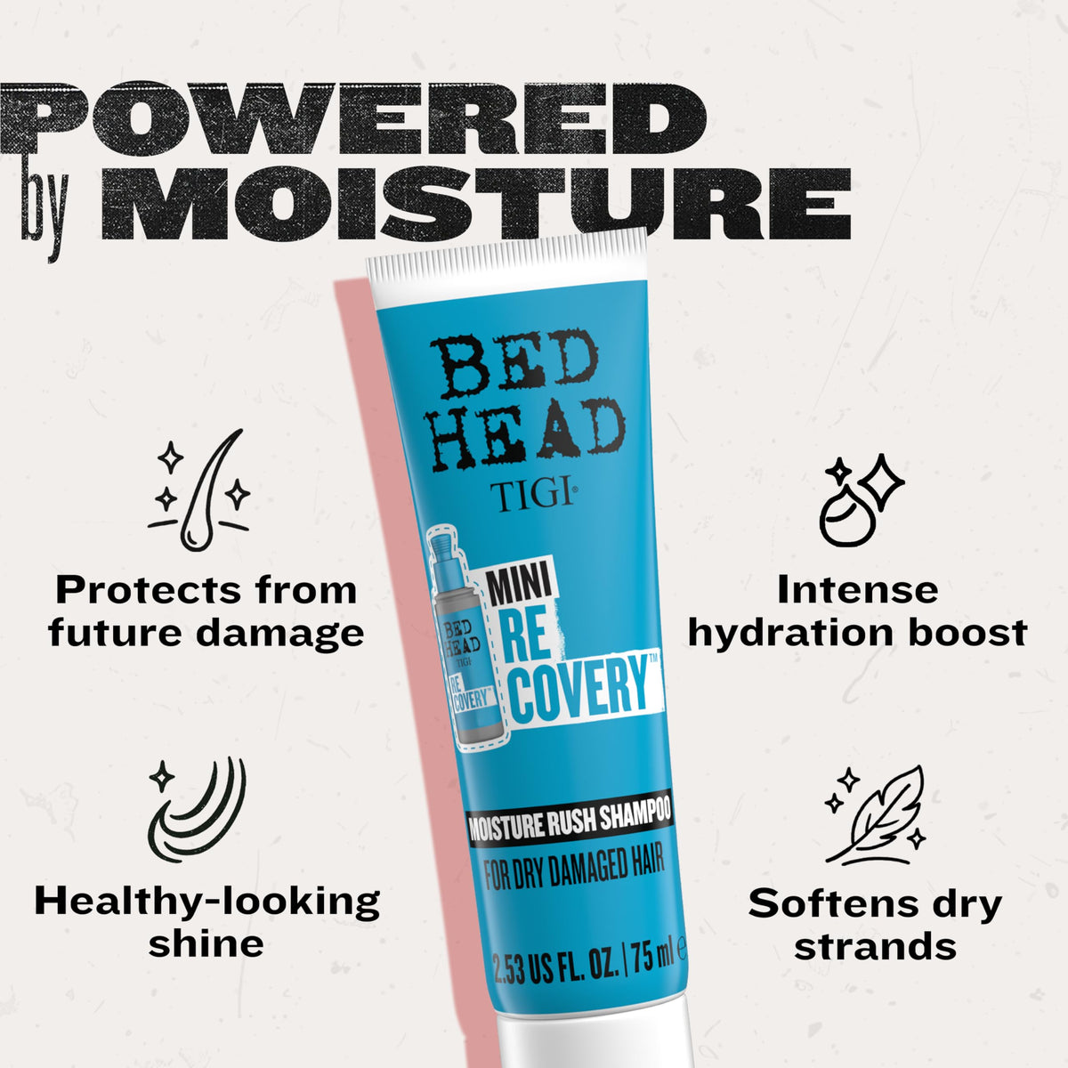 TIGI Recovery Shampoo Travel Mini on a bathroom counter