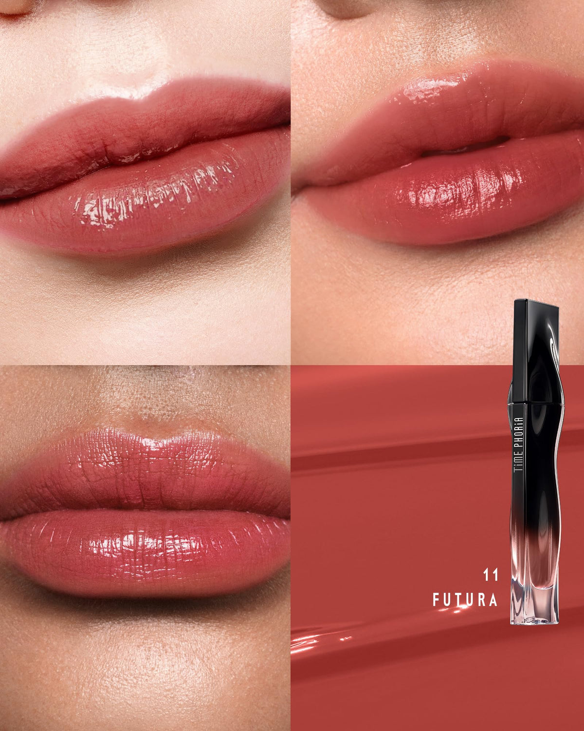 TIMEPHORIA Stellar Dust Lip Stain 11 Futura Rose Brown applicator close-up