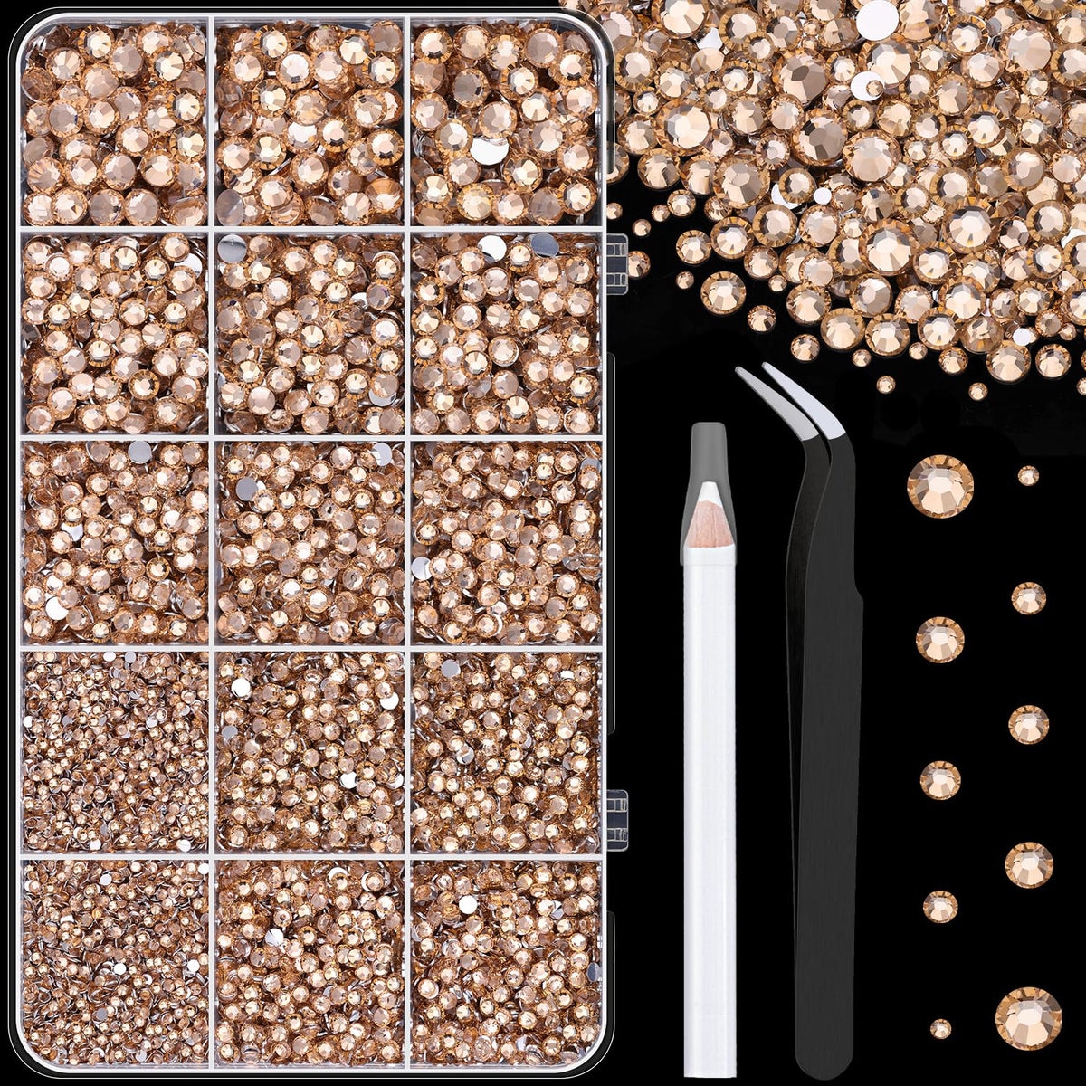 TINKRSTUFF 16000 Pcs champagne resin rhinestones box front view