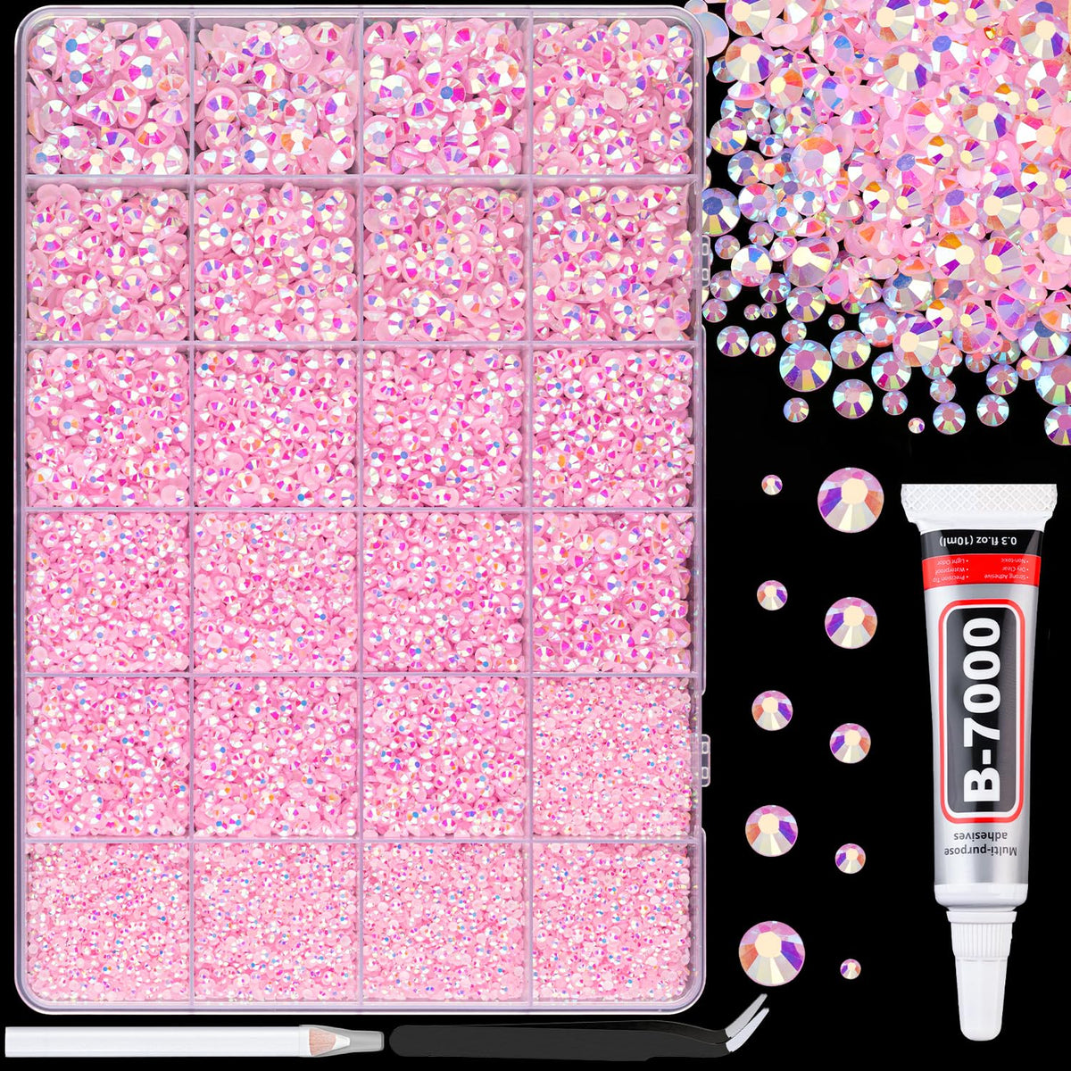 TINKRSTUFF 25000 Pcs Light Pink AB Resin Rhinestones box front view