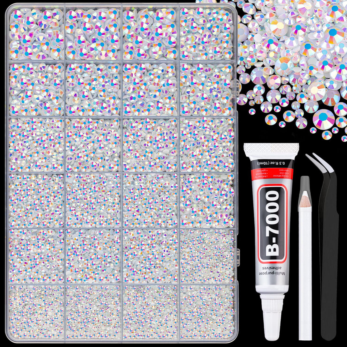TINKRSTUFF 25000Pcs White AB resin rhinestones box front view