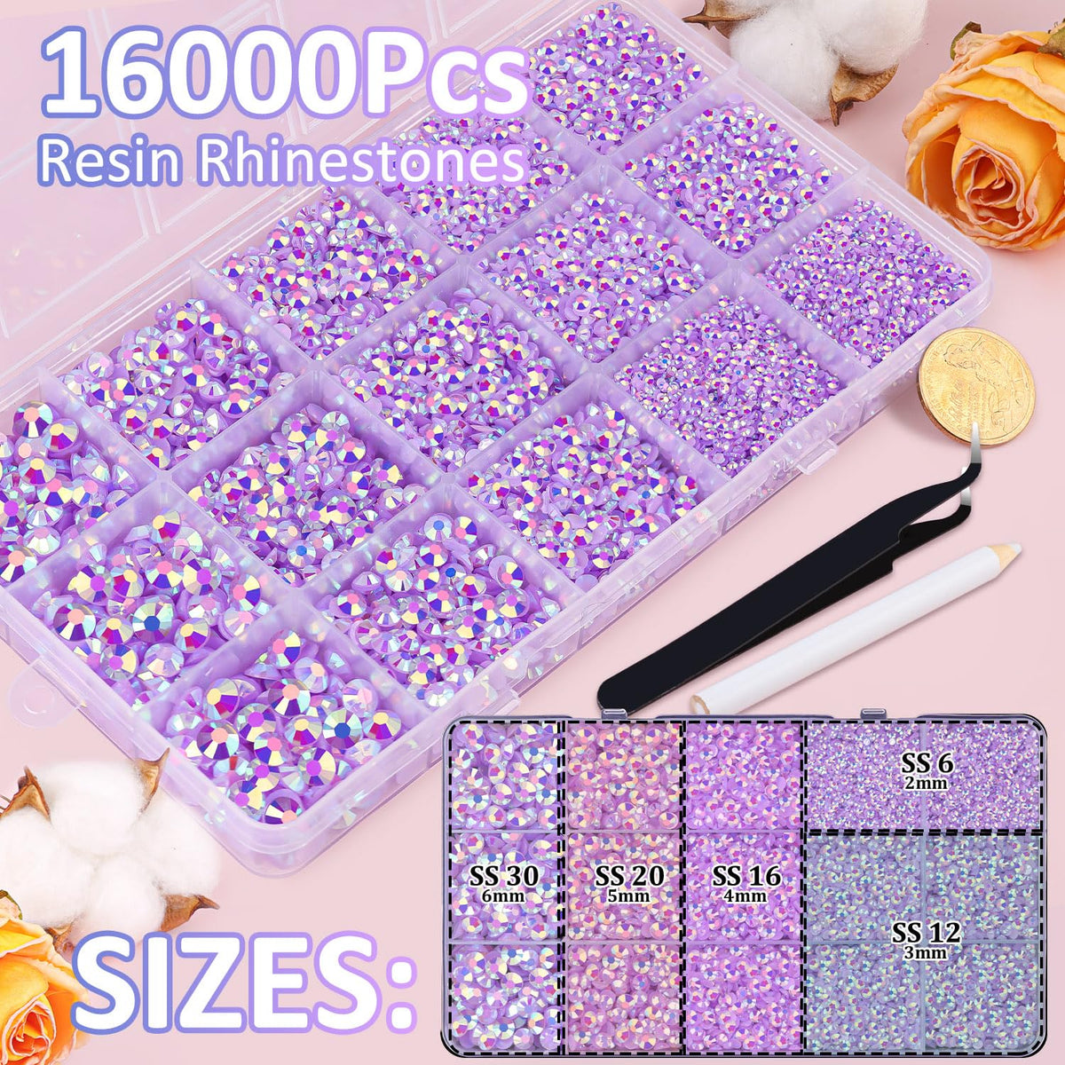 TINKRSTUFF box containing various sizes of lavender rhinestones