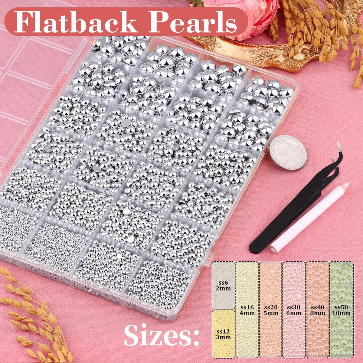 TINKRSTUFF flatback pearls in a box with 24 grids