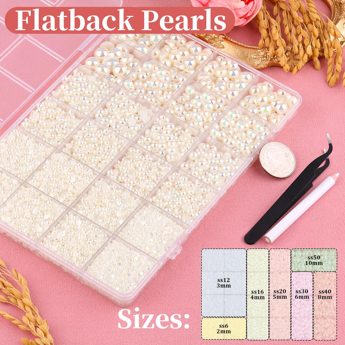 TINKRSTUFF Flatback Pearls packaging with tweezers and glue