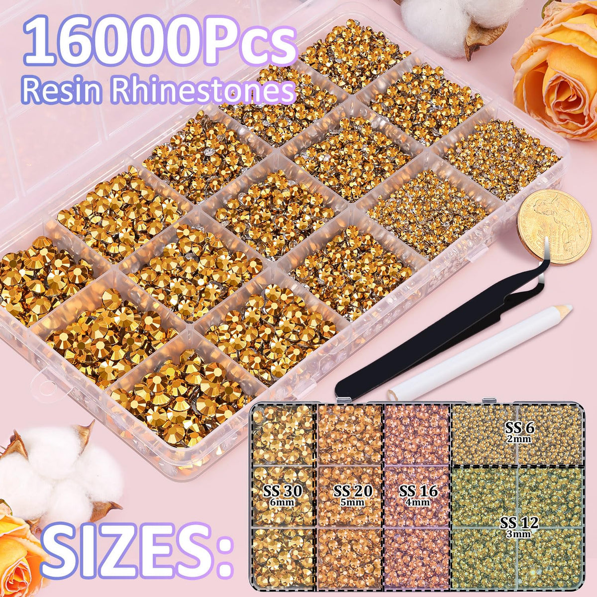 TINKRSTUFF Gold Resin Rhinestones close-up showing various sizes