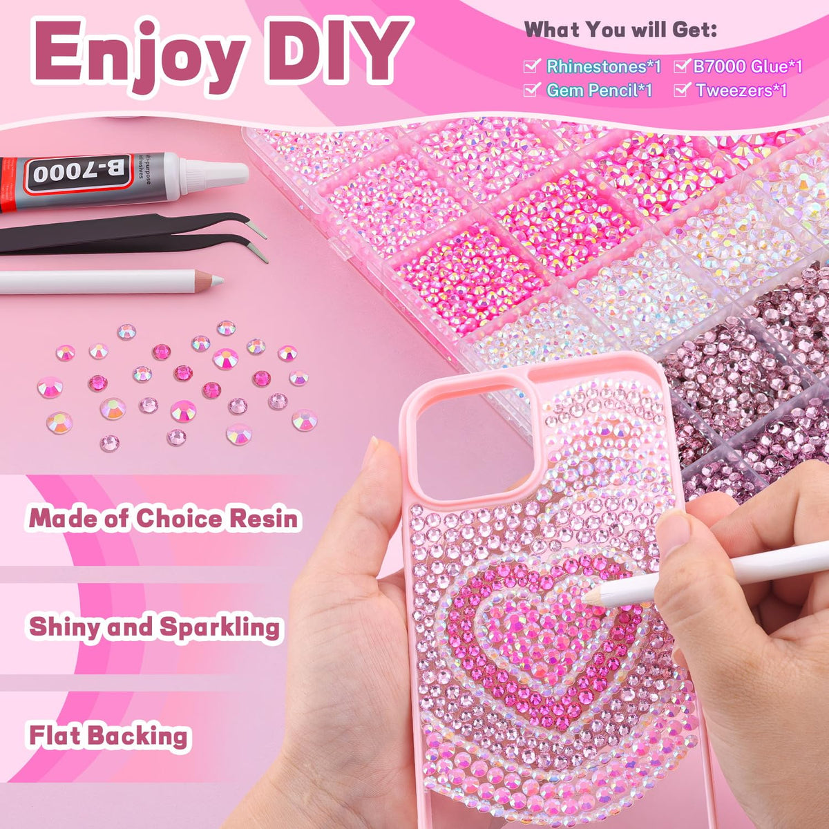 TINKRSTUFF Pink Rhinestones in a well-organized box