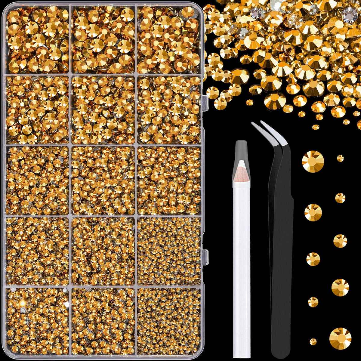 TINKRSTUFF Resin Rhinestones 16000 Pcs Gold assorted sizes in box