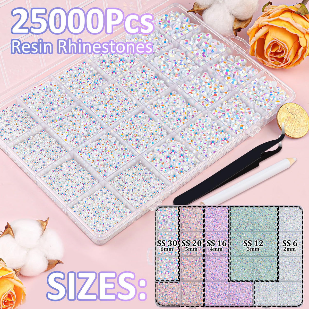 TINKRSTUFF resin rhinestones showing various sizes in box