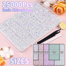 TINKRSTUFF resin rhinestones showing various sizes in box