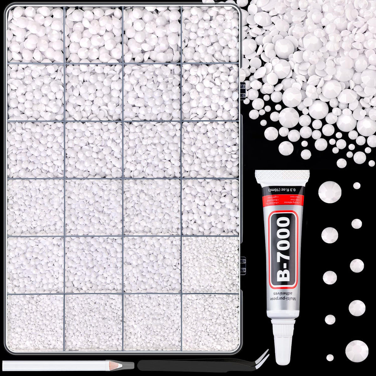 TINKRSTUFF Resin Rhinestones white 2-6mm mixed sizes box front view