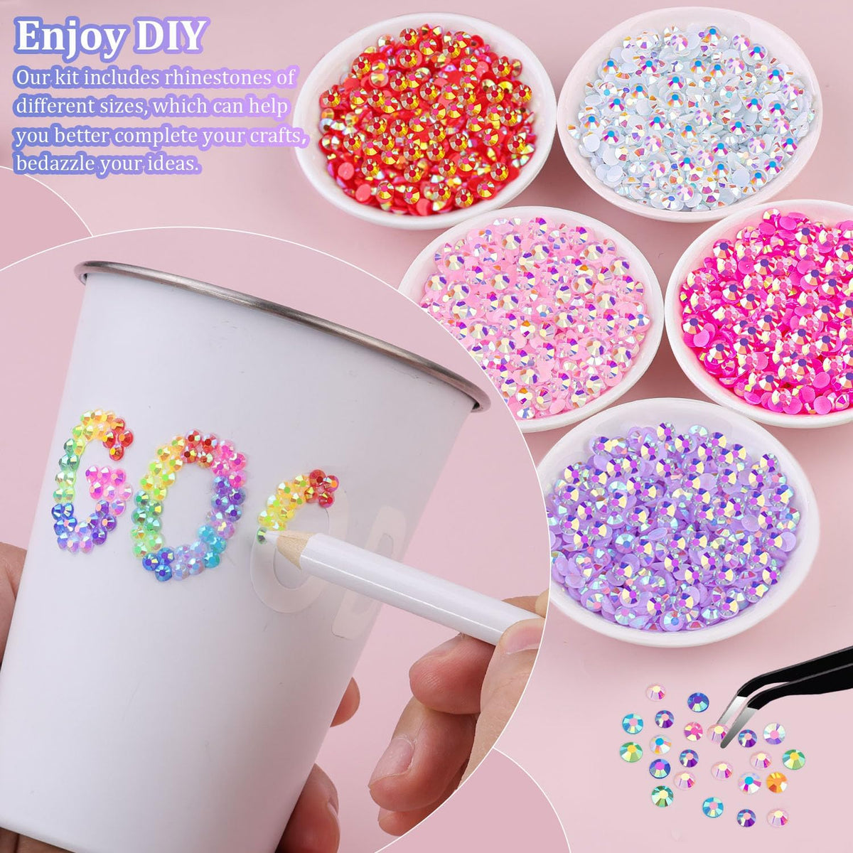 TINKRSTUFF rhinestones in storage box showing various colours