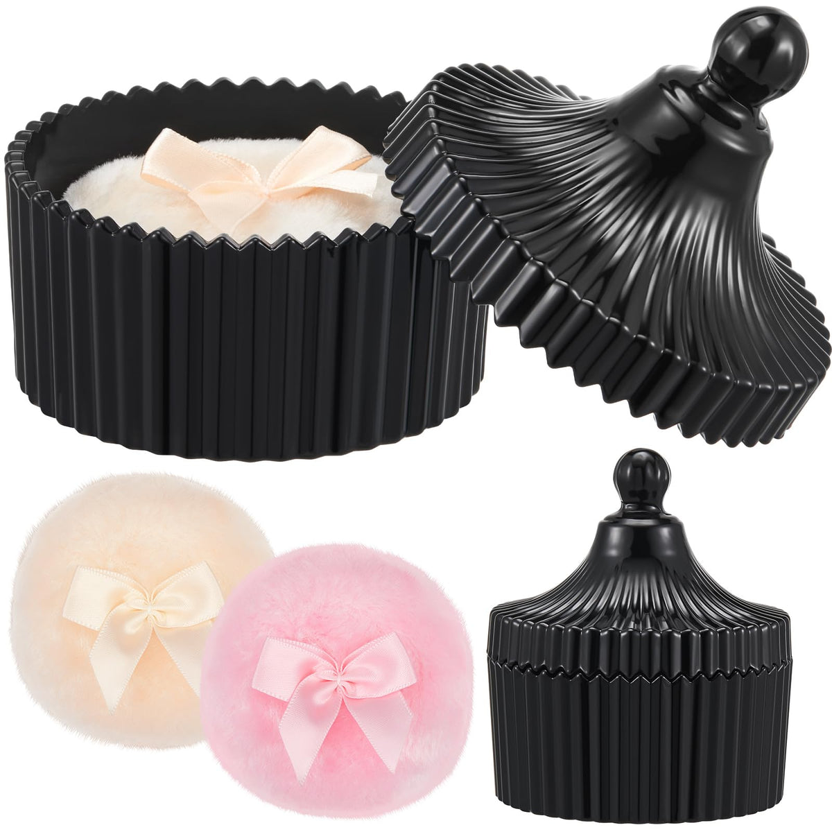 Tioncy 3 Pcs Large Powder Container and Puff Set in Classic Black