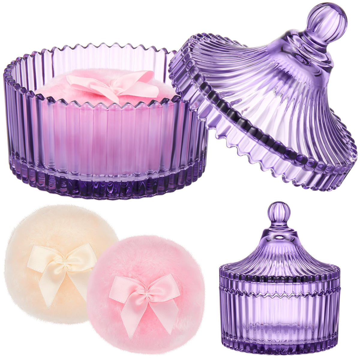 Tioncy 3 Pcs Powder Container and Puff Set with purple glass