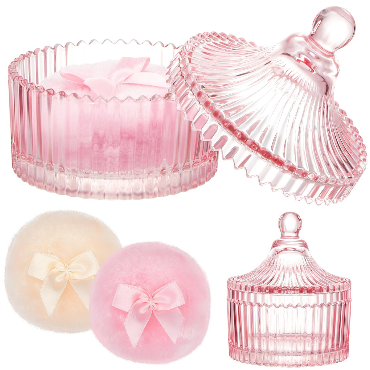 Tioncy 3 Pcs Powder Puff Set with pink glass container front view