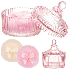 Tioncy 3 Pcs Powder Puff Set with pink glass container front view