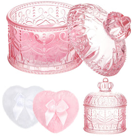 Tioncy 3 pcs powder puff set with pink glass container front view