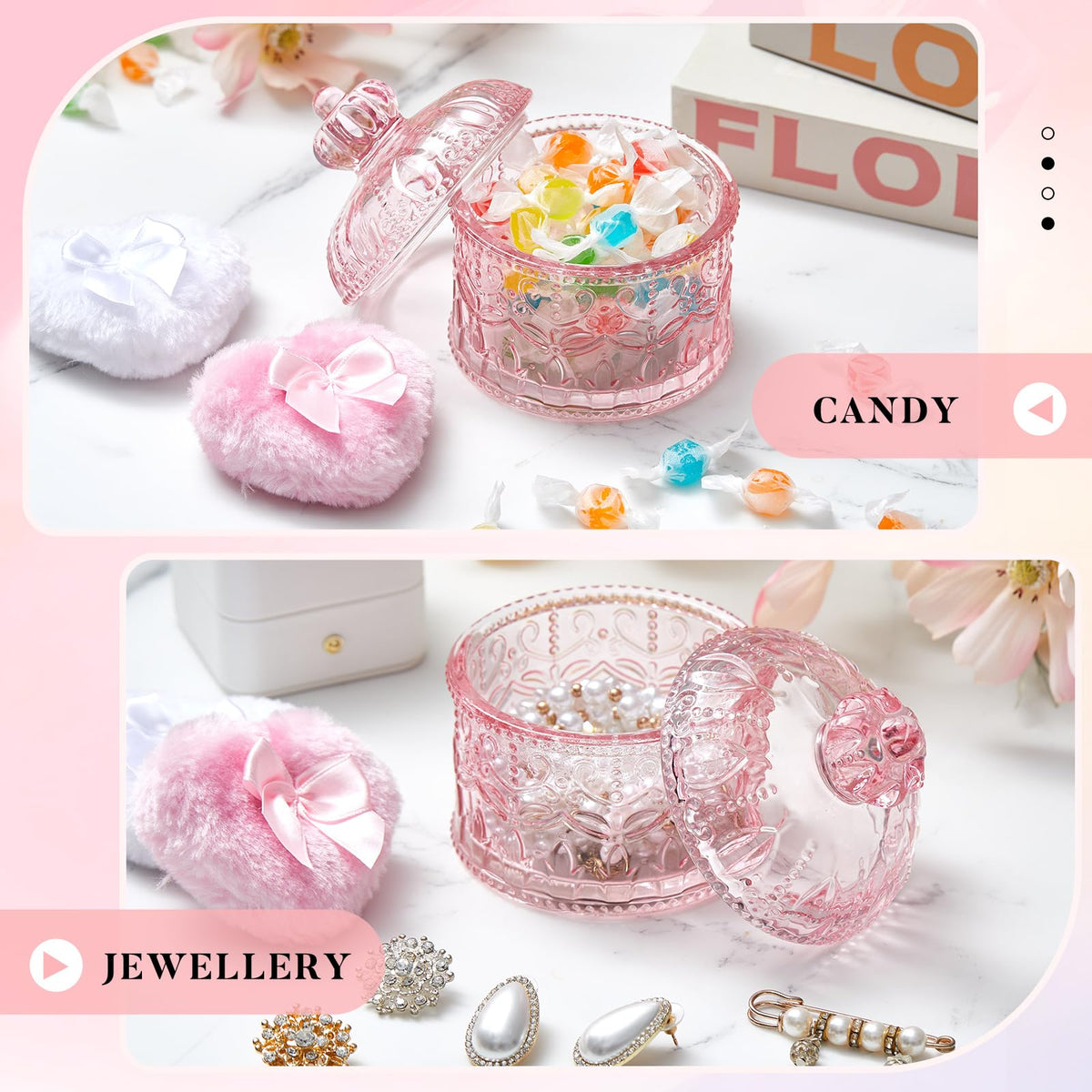 Tioncy pink glass container with two powder puffs inside