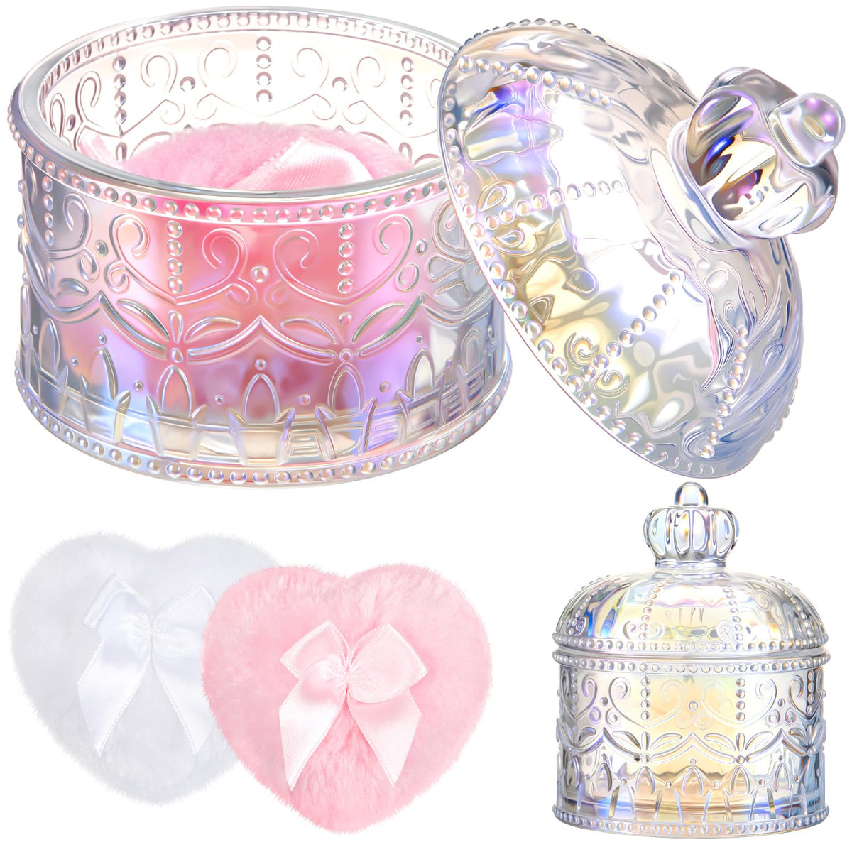 Tioncy powder container set with two puffs and glass container