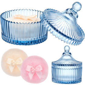 Tioncy Powder Puff Set with blue glass container front view