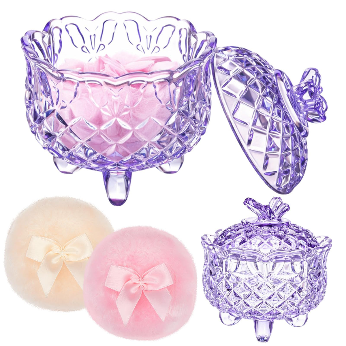 Tioncy Powder Puff Set with glass container and purple butterfly design