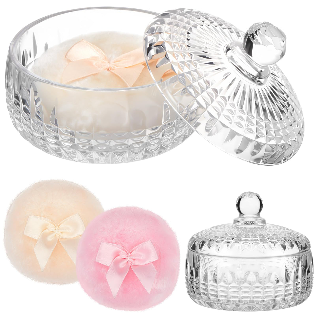 Tioncy powder puff set with glass container and two puffs