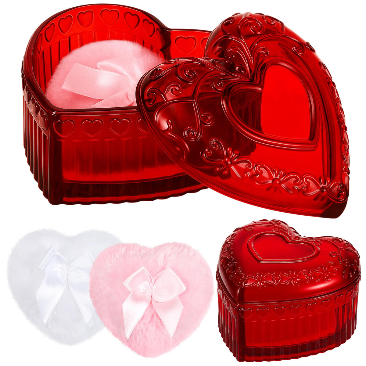 Tioncy Powder Puff Set with glass container and two puffs in red