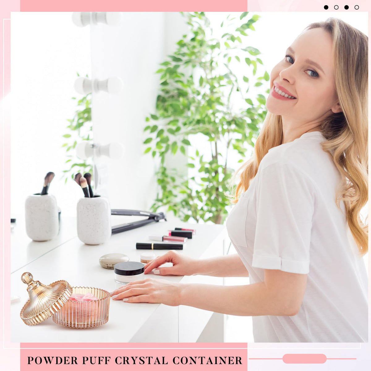 Tioncy powder puffs and container in lifestyle setting