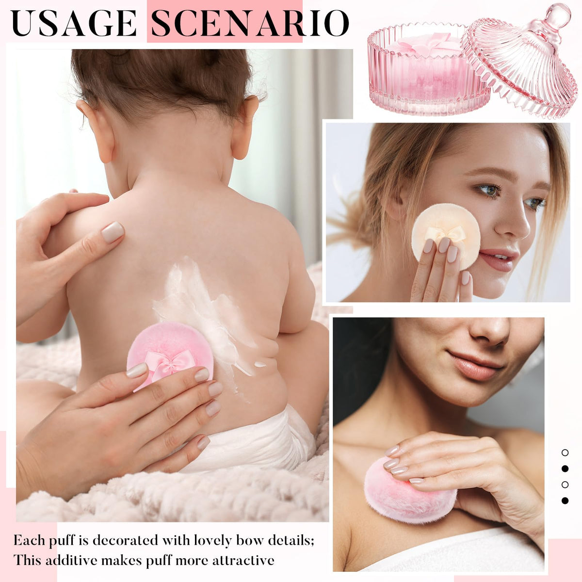 Tioncy powder puffs in pink glass container