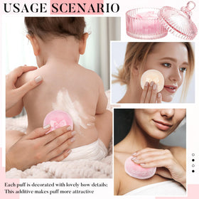 Tioncy powder puffs in pink glass container