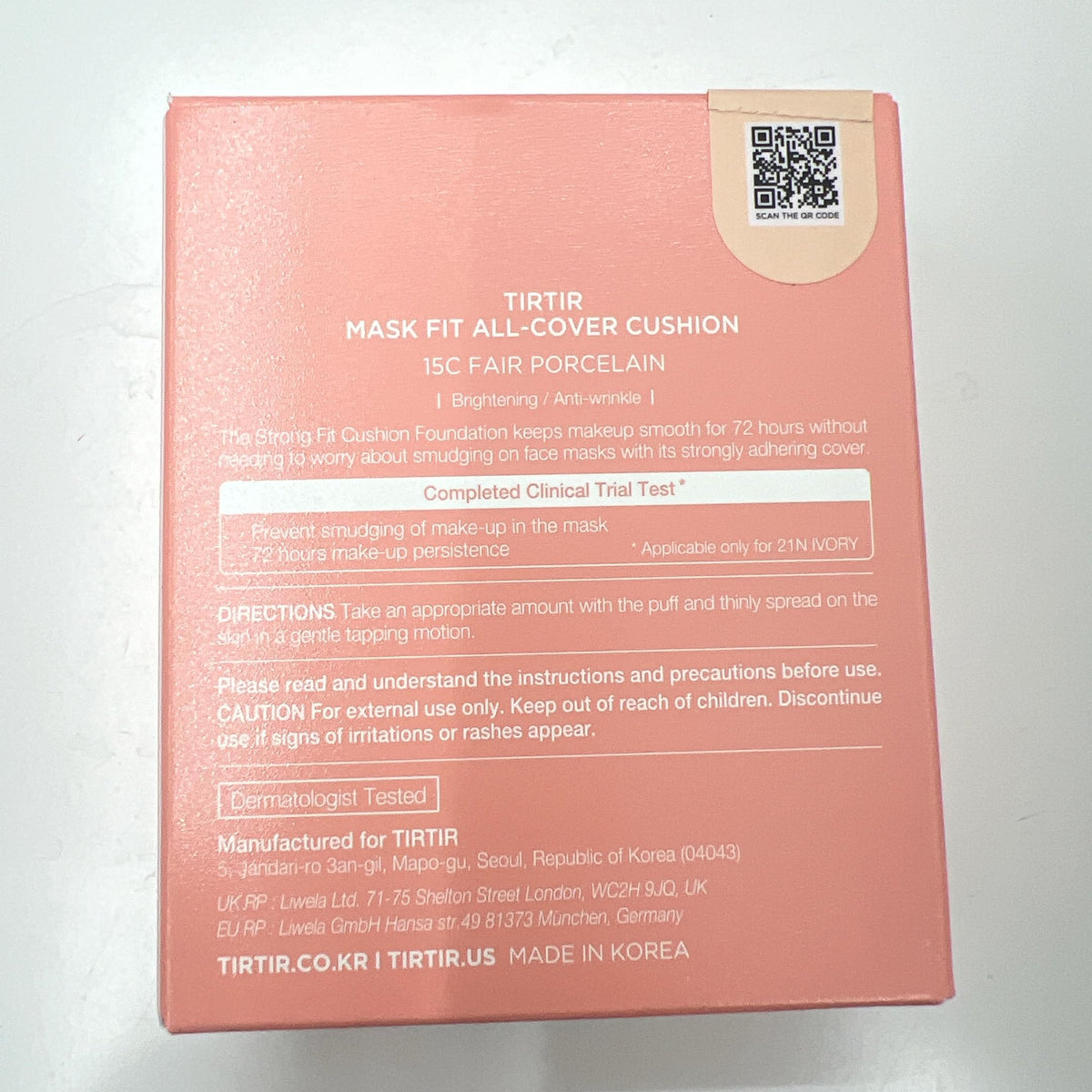 TIRTIR Cushion Foundation back view with ingredient list