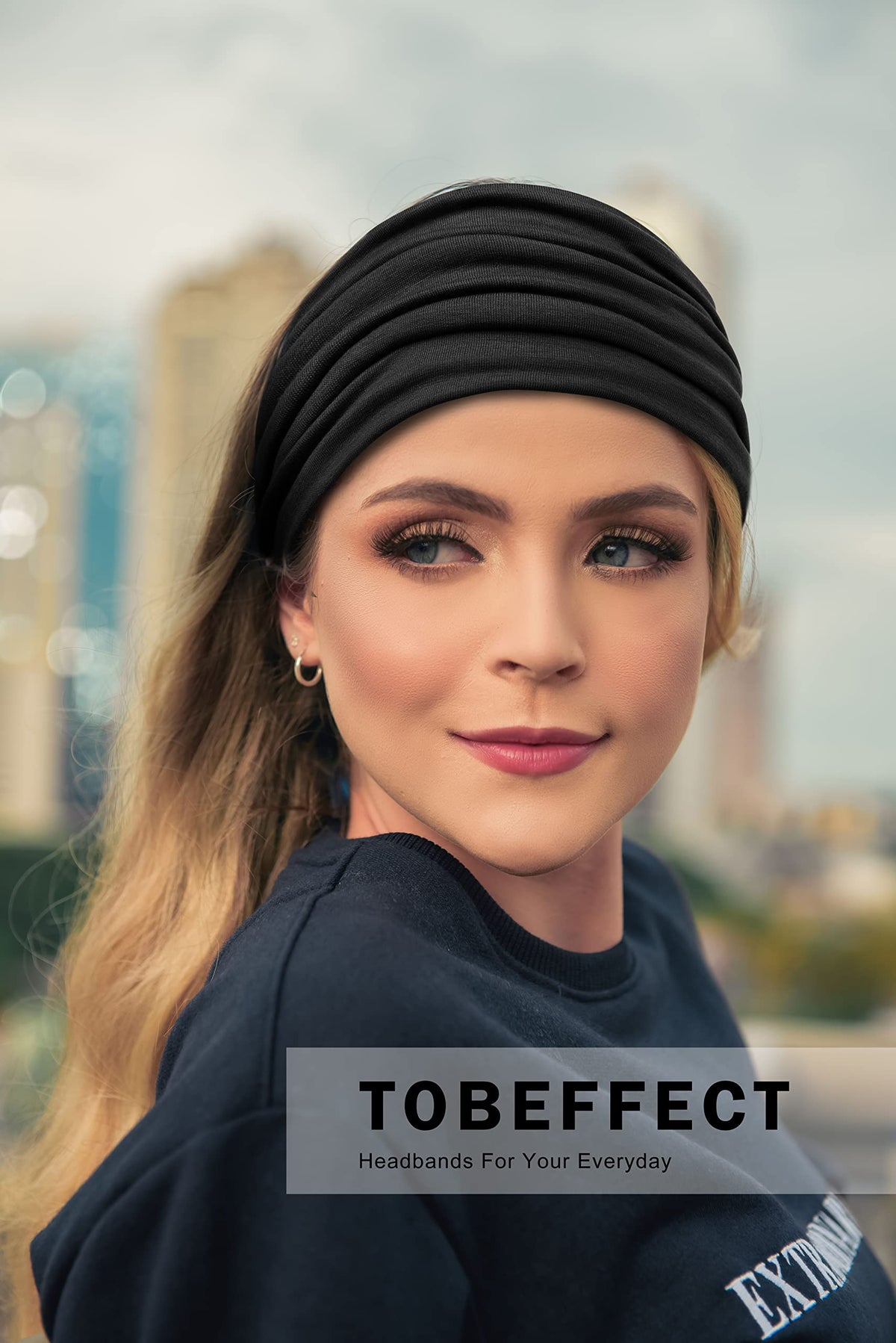 Tobeffect Extra Wide Black Turban Headband in use during yoga