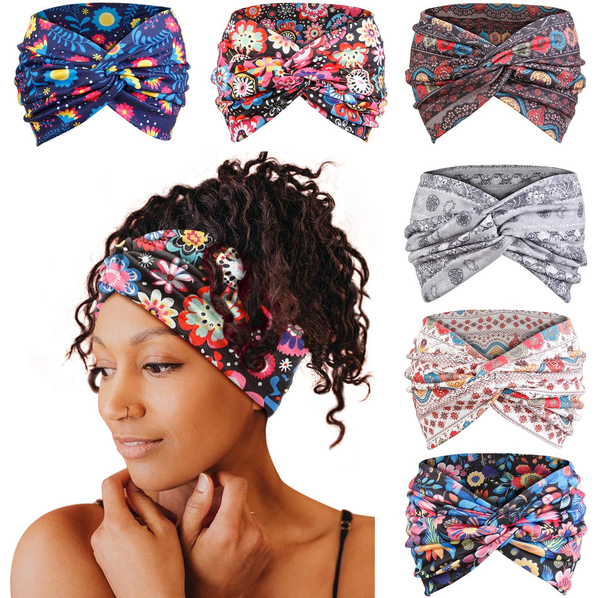 Tobeffect extra wide boho headband floral print front view