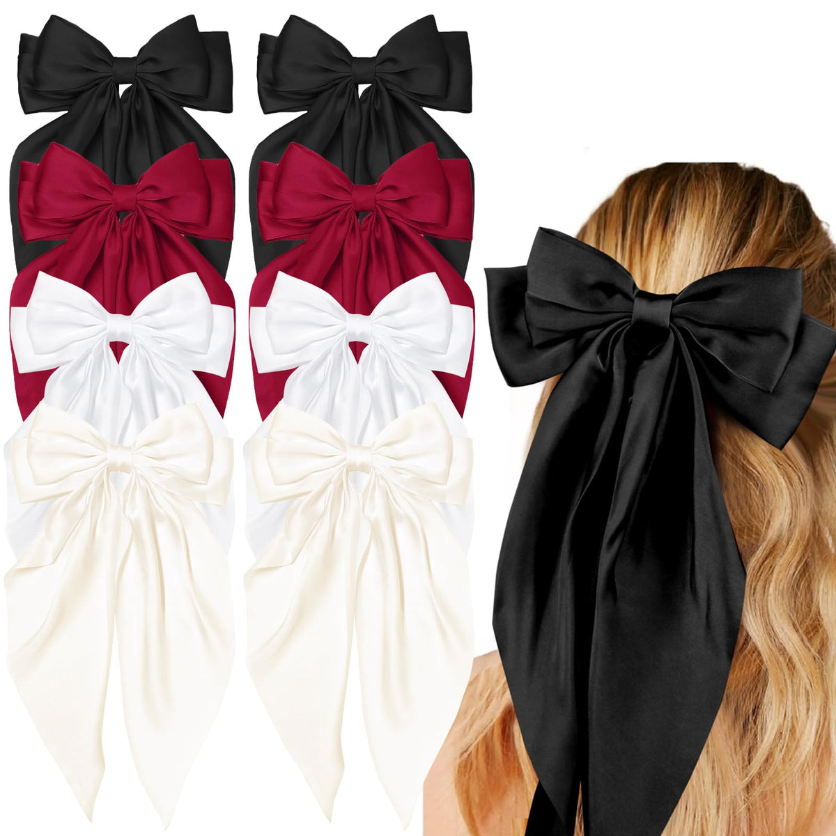 Tobeffect Hair Bows 8 pack in black, white, burgundy red, and beige