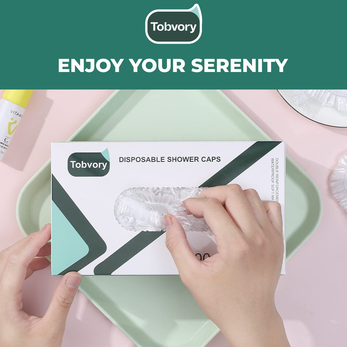 Tobvory Disposable Shower Caps in travel bag