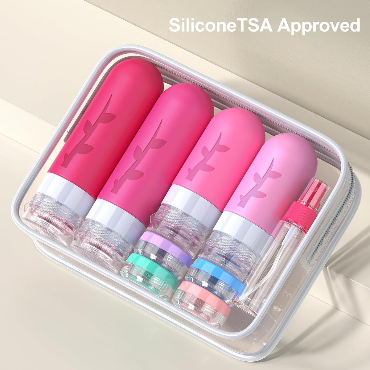 Tocelffe refillable travel bottles set displayed on a surface