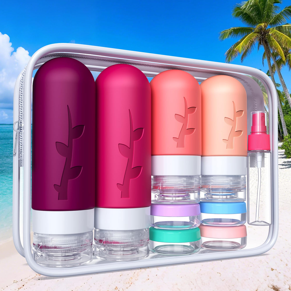 Tocelffe travel bottles arranged in a travel bag