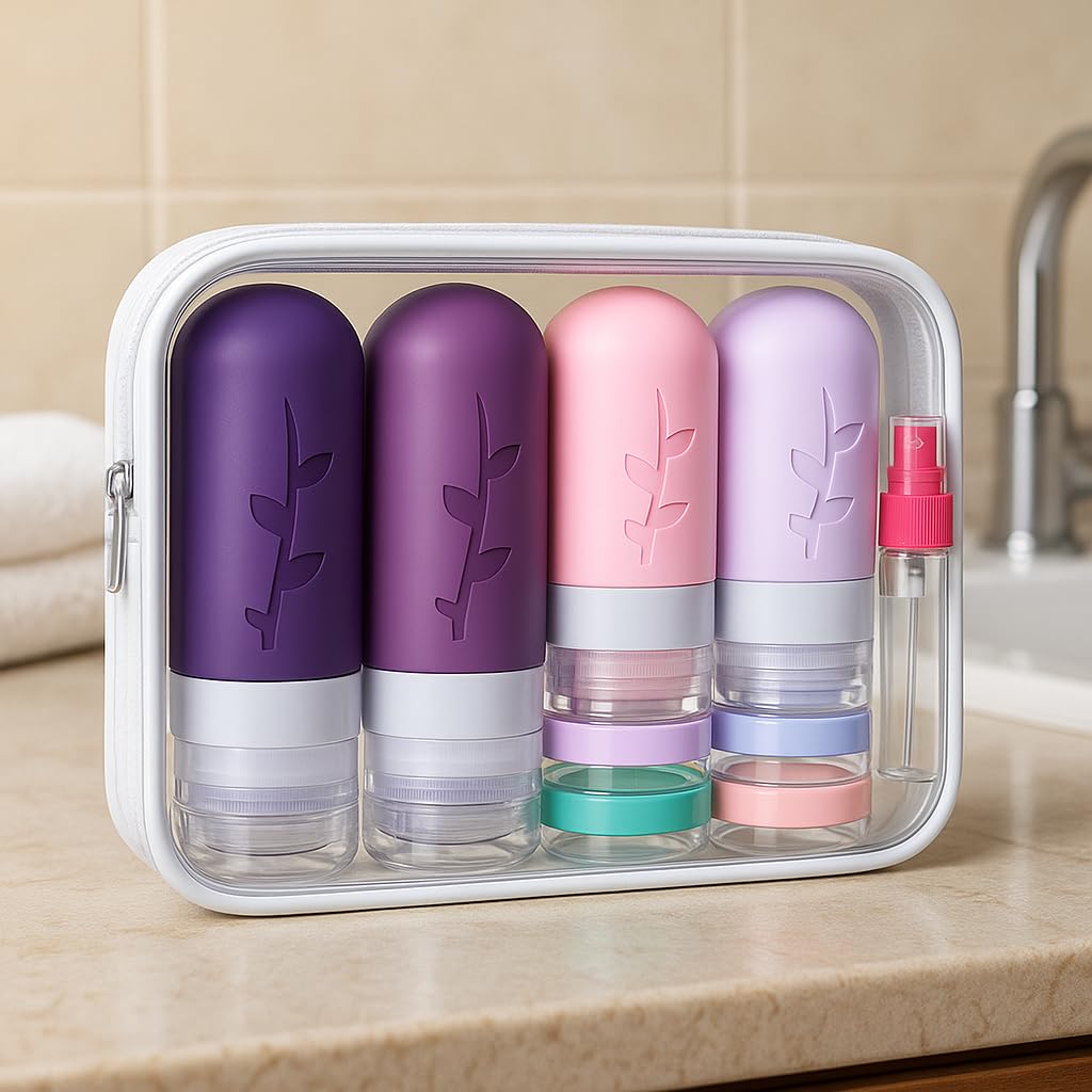 Tocelffe travel bottles with flip-top lids and funnels