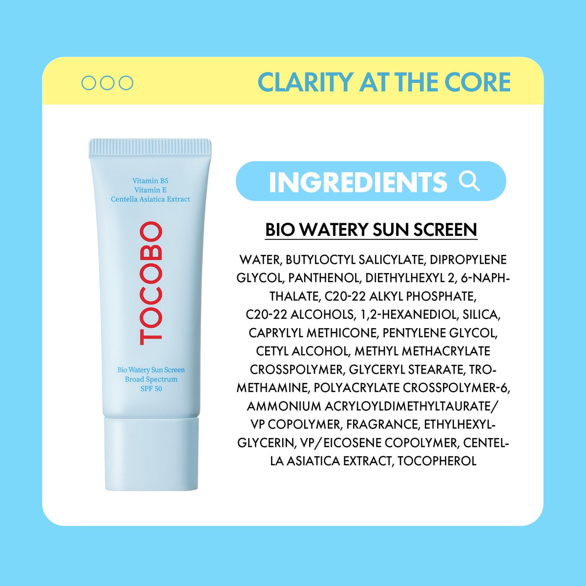 TOCOBO Bio Watery Sunscreen SPF 50 back view with ingredients