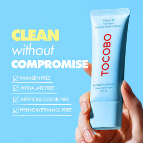 TOCOBO Bio Watery Sunscreen SPF 50 with skincare products