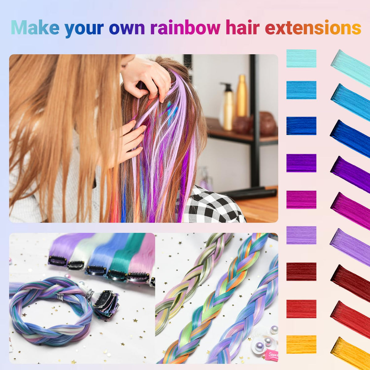 TOFAFA Clip-in Rainbow Hair Extensions close-up of clips
