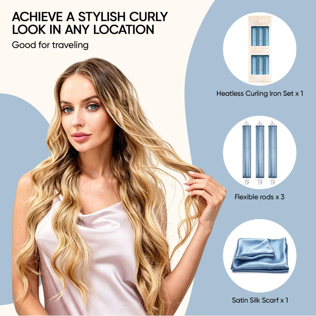 Togayu Heatless Curls Set with curlers and satin scarf on a bed