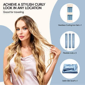 Togayu Heatless Curls Set with curlers and satin scarf on a bed