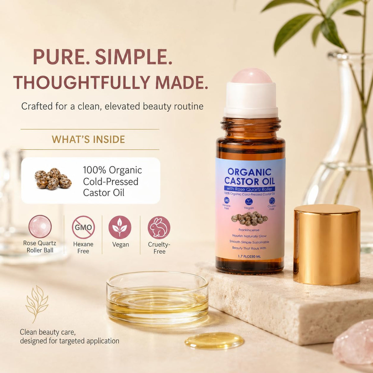 TOGOLIUN castor oil roll on bottle with rose quartz