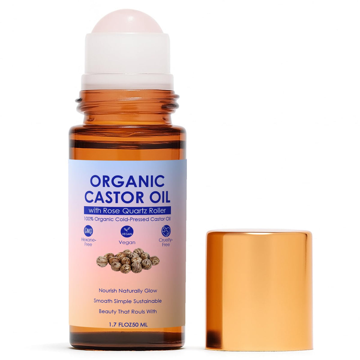 TOGOLIUN Organic Castor Oil Roll On with rose quartz roller ball