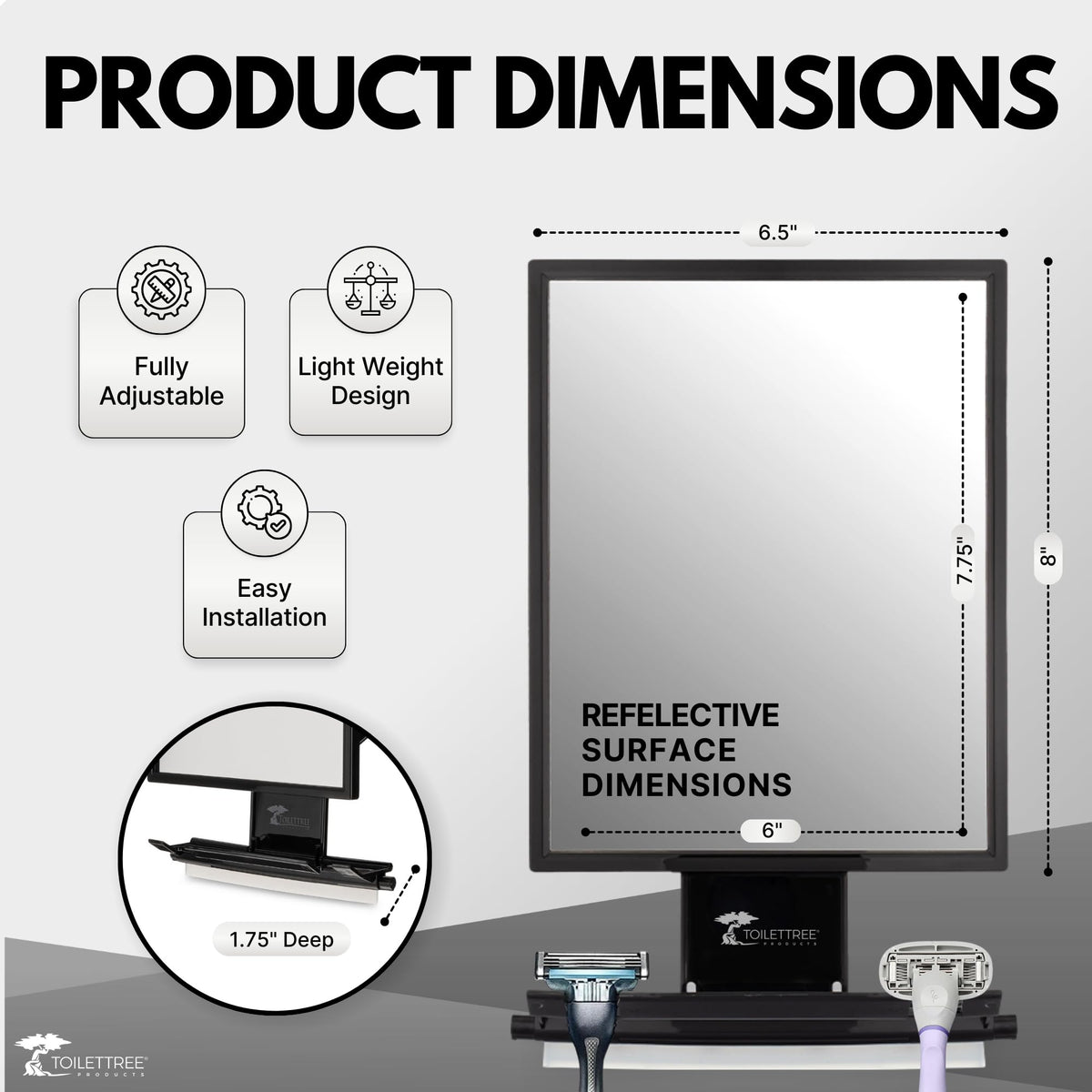 ToiletTree Fogless Shower Mirror with squeegee on a wall