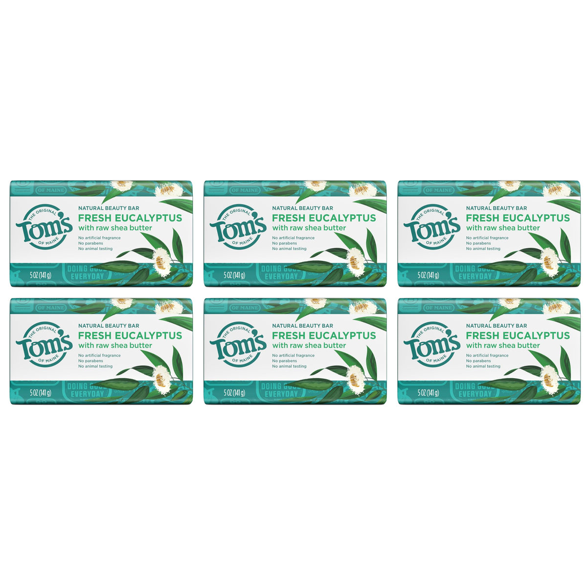Tom's of Maine Fresh Eucalyptus soap bar on a soap dish