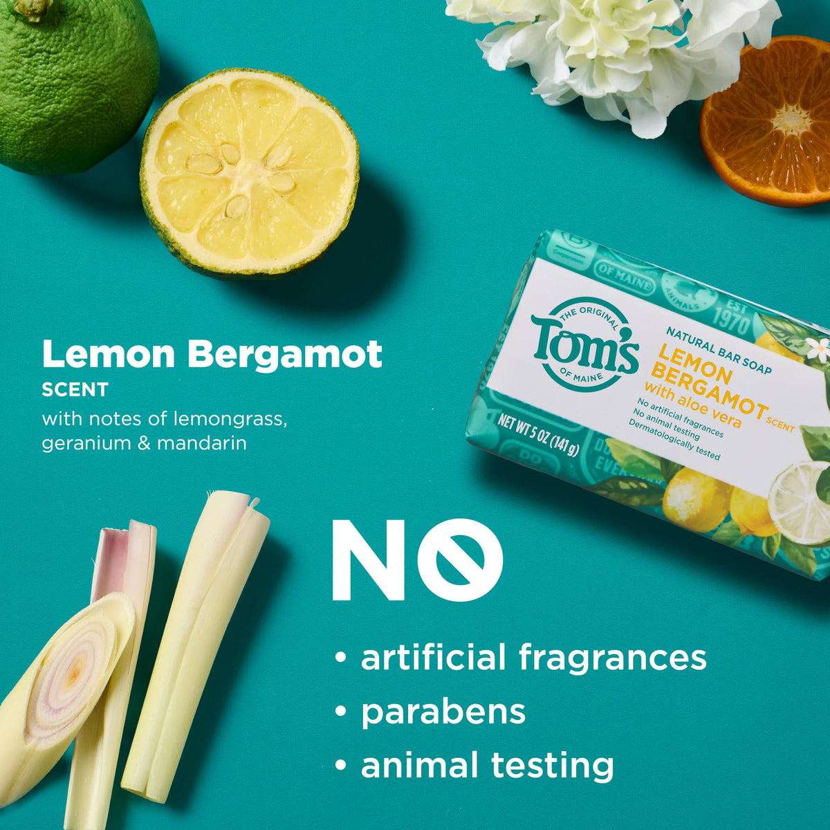 Tom's of Maine Lemon Bergamot Natural Bar Soap with floral and wood notes